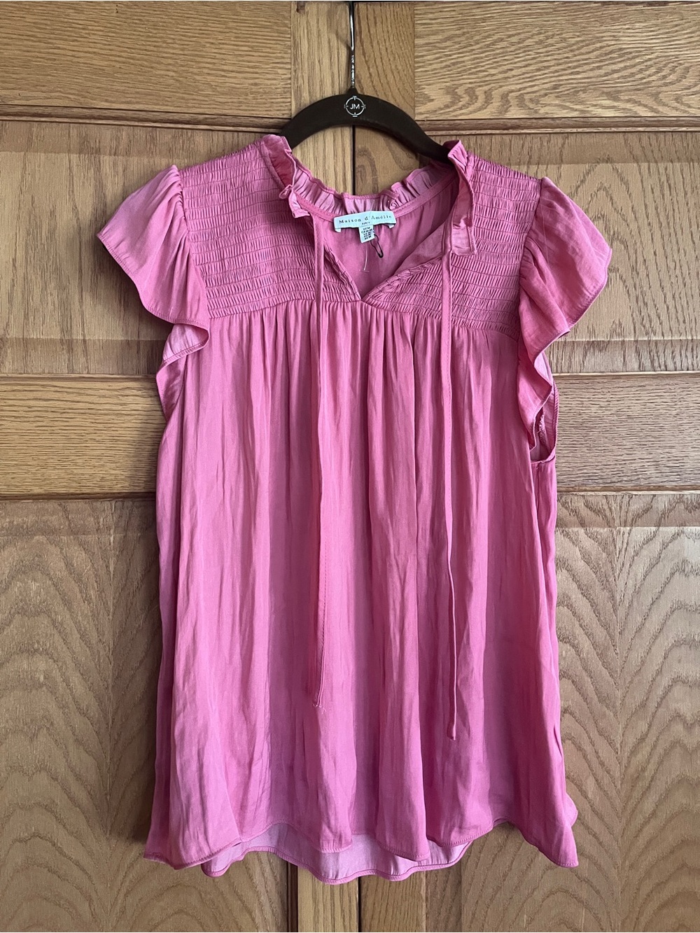 Maeve Pink Smocked Yoke Flutter Sleeve Blouse